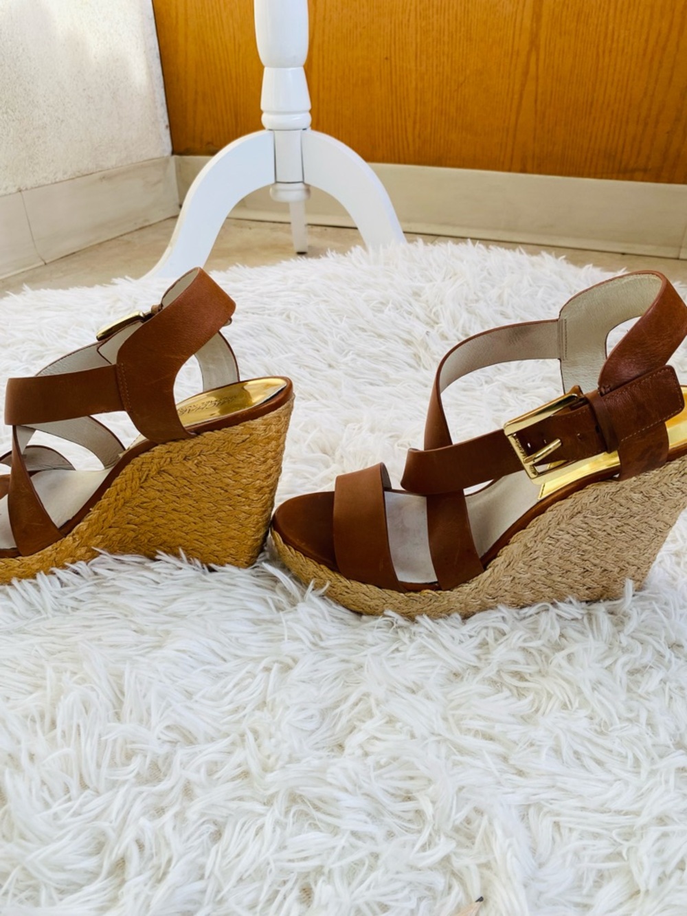 Michael Kors Wedge Sandals 9.5 Cognac Leather Espadrille Platform - Picture 4 of 10